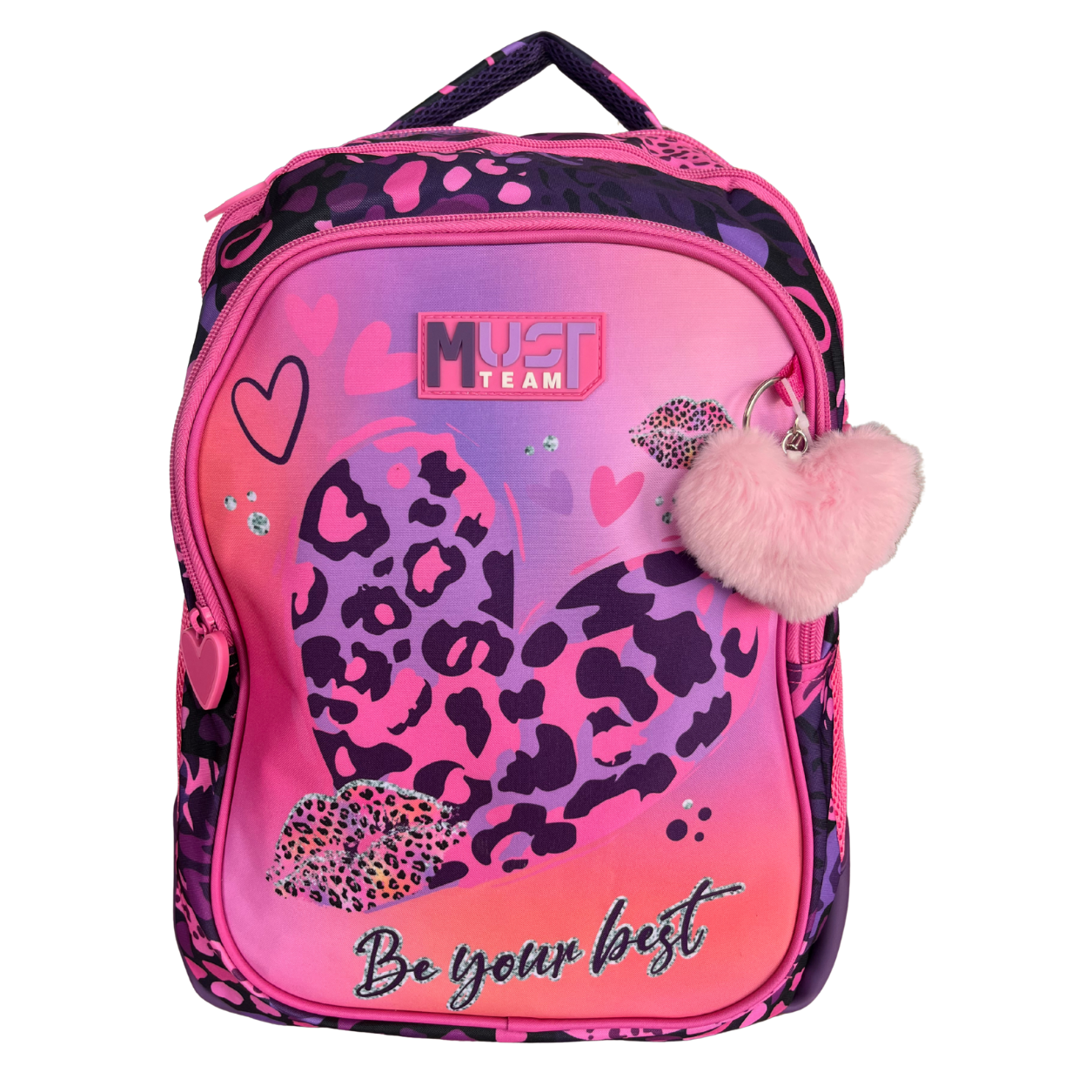 Cartable Scolaire Fille MUST Team Rose & Violet – Motif Cœur Léopard