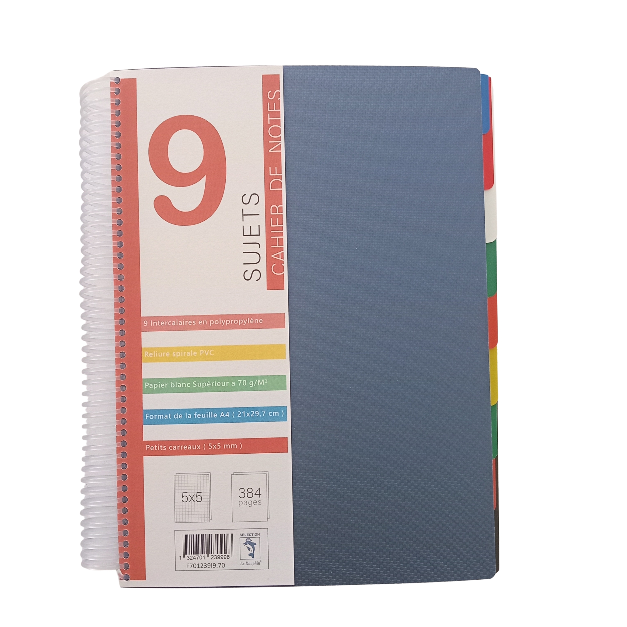 CAHIER SPIRALE SIMPLE POLYPROPYLENE 9 SUJET 384 PAGES 5*5.A4