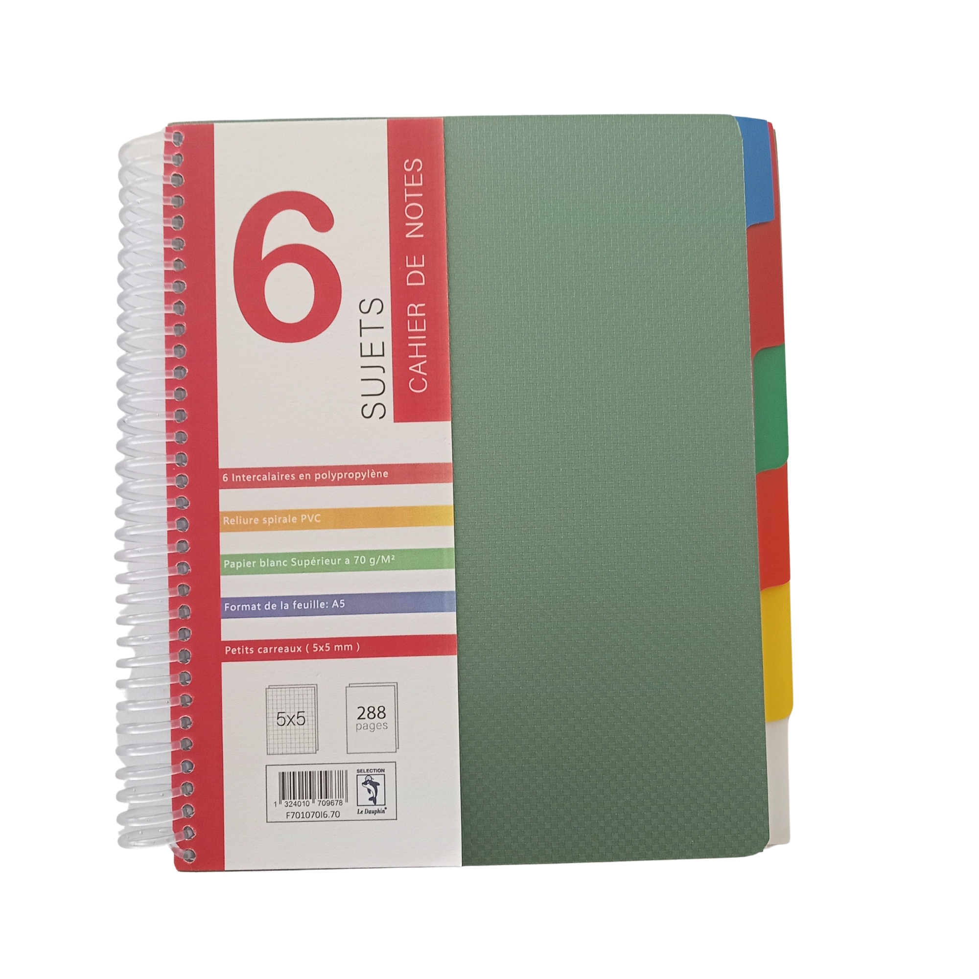 CAHIER SPIRALE POLYPROPYLLENE 6 SUJET 288P 5*5.A5