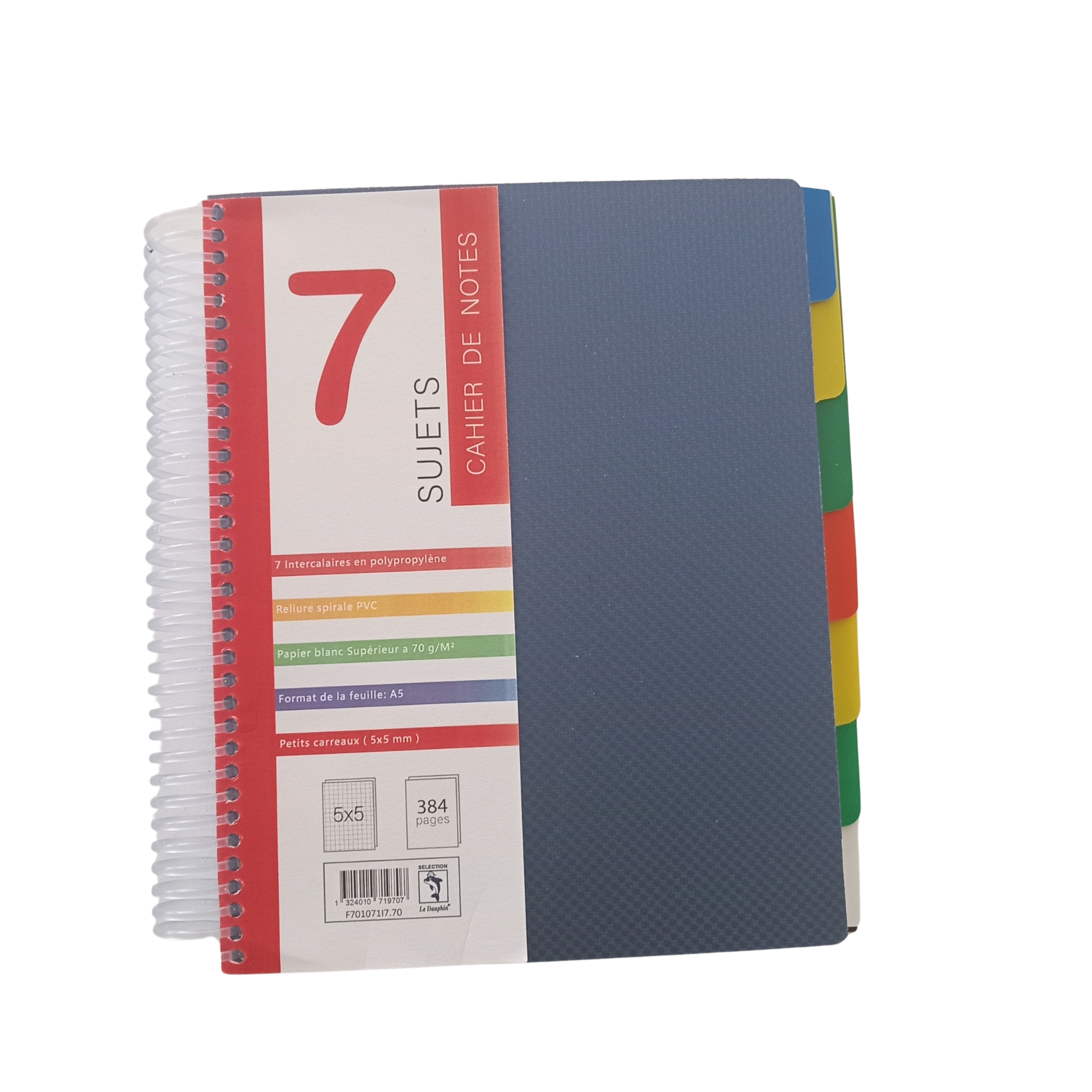 CAHIER SPIRALE POLYPROPYLLENE 7 SUJET 384P 5*5.A5